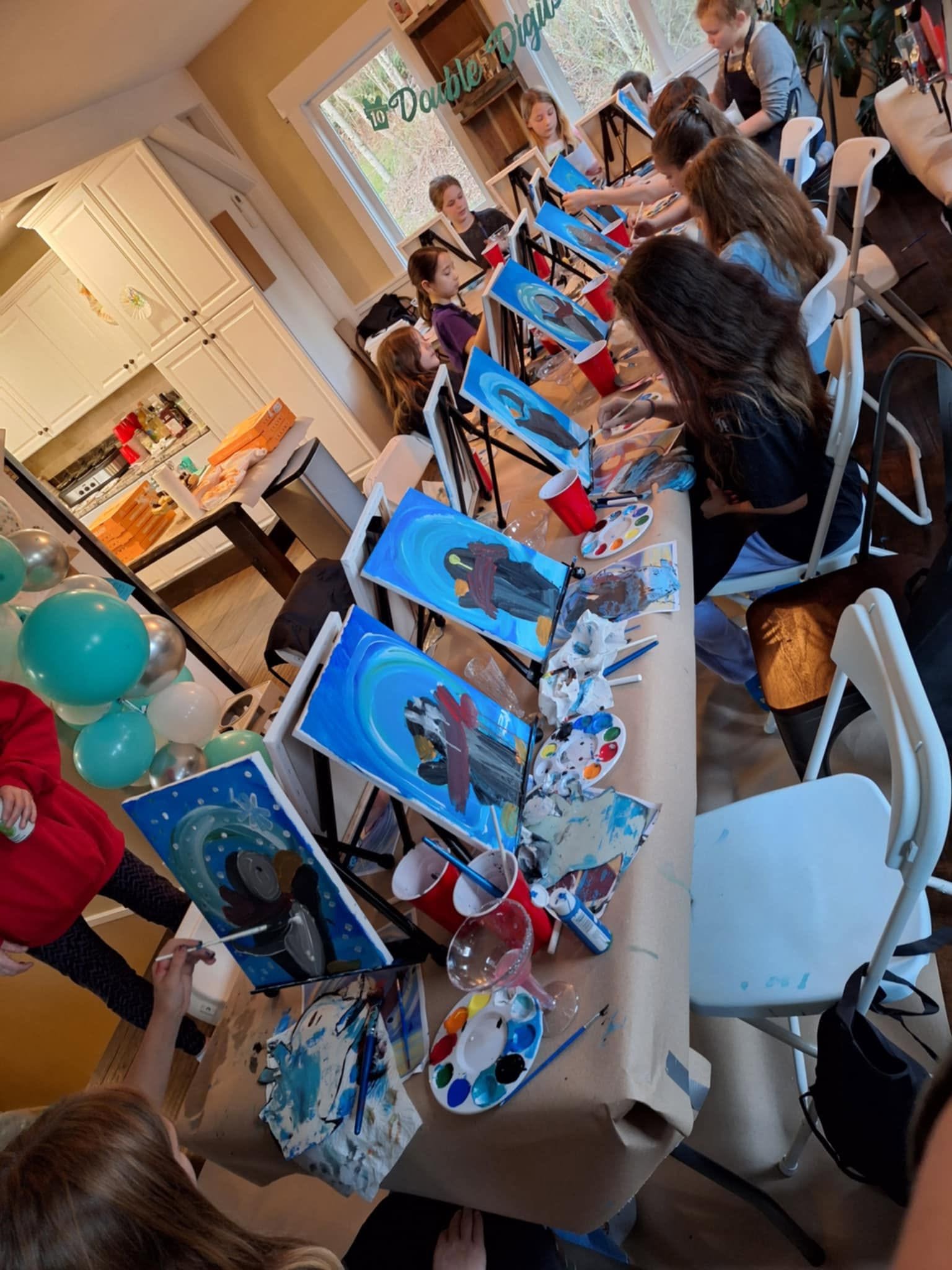 Long table paint class from above