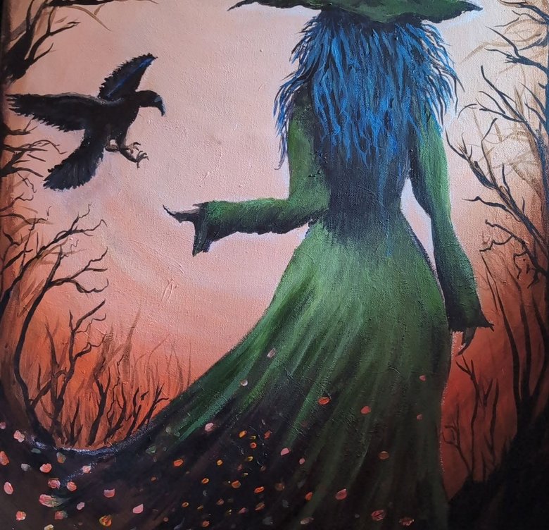 Witch and crows painting at sunset
