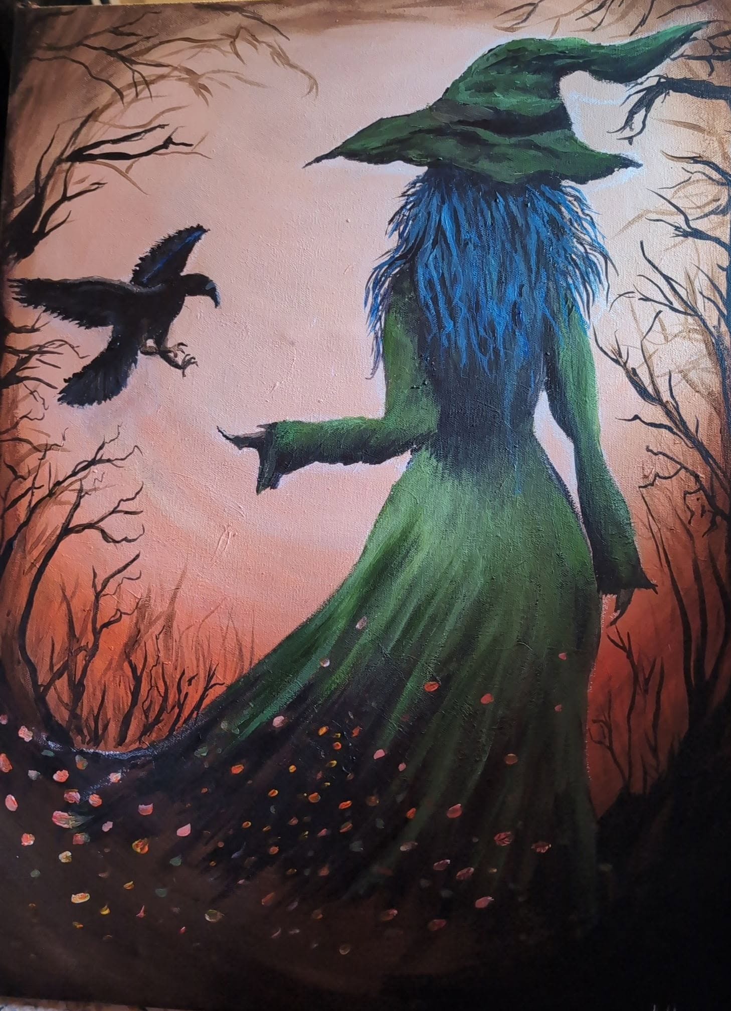 Witch and crows painting at sunset