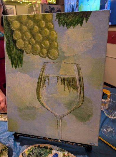 Wine glass and green grapes painting