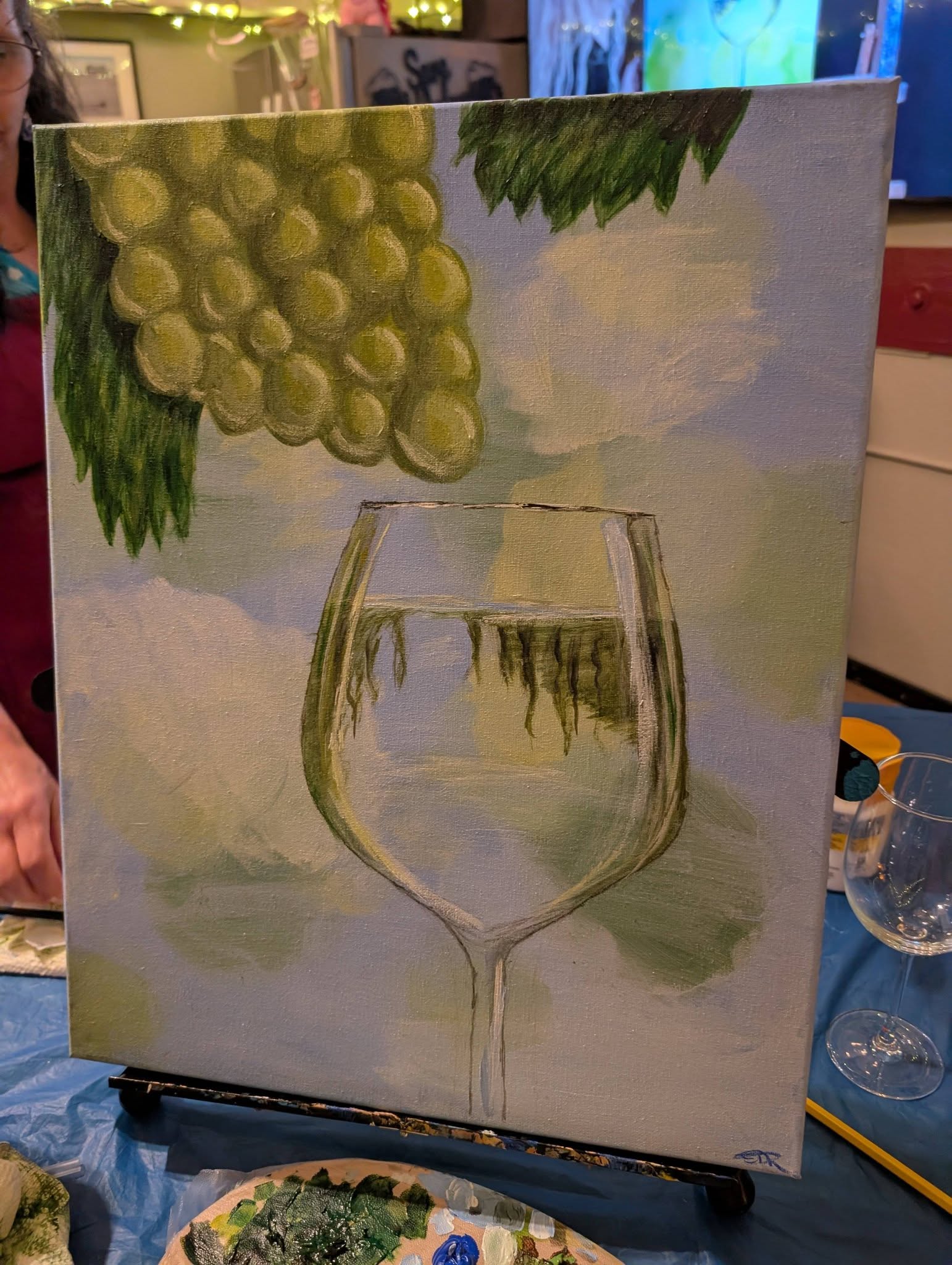 Wine glass and green grapes painting